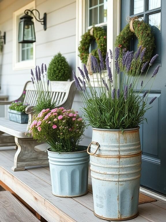 A rustic farmhouse porch with aged galvanized metal planters filled with wildflowers and lavender. A distressed wooden bench, a vintage lantern, and a farmhouse-style wreath on the door enhance the cozy and nostalgic charm of the space.