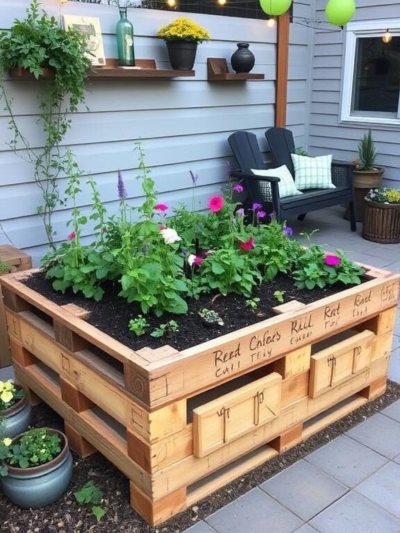 "A charming backyard corner featuring a handcrafted raised garden bed made from reclaimed wooden pallets. The garden is filled with fresh herbs, vibrant flowers, and rich soil, surrounded by a cozy outdoor setting with soft lighting and rustic decor."