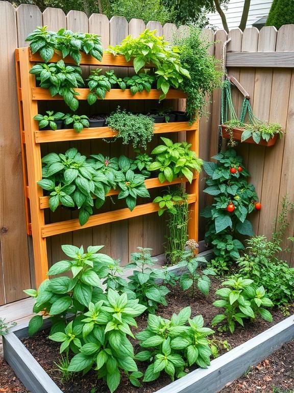 "A backyard corner transformed into a thriving herb and vegetable garden, featuring a multi-tiered wooden herb rack. Fresh basil, rosemary, mint, and small tomato plants grow abundantly in well-organized, easy-to-maintain garden beds."