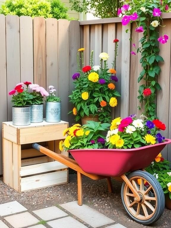"A beautifully styled backyard corner with repurposed tin cans, wooden crates, and an upcycled wheelbarrow turned into colorful flower planters. The scene is bright, cheerful, and full of blooming flowers, creating a rustic yet modern garden aesthetic."
