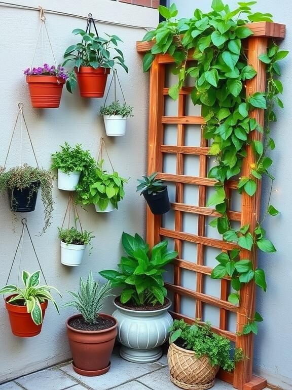 "A stylish backyard corner transformed with vertical gardening. Hanging planters, wall-mounted pots, and a wooden trellis with lush green vines create a refreshing, space-saving oasis. Soft fairy lights drape across the setup, adding a magical touch."
