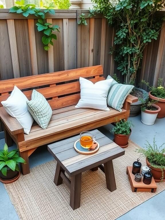"A cozy backyard corner with a handmade wooden bench, layered with soft cushions and throw pillows. A small coffee table holds a warm cup of tea, while a textured outdoor rug and potted plants complete the inviting, budget-friendly retreat."