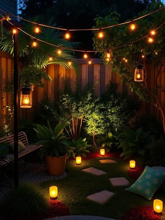 "A dreamy backyard corner garden illuminated by solar-powered string lights, repurposed mason jar lanterns, and small pathway lights casting a warm glow. The soft lighting enhances the greenery and creates an intimate, peaceful ambiance."
