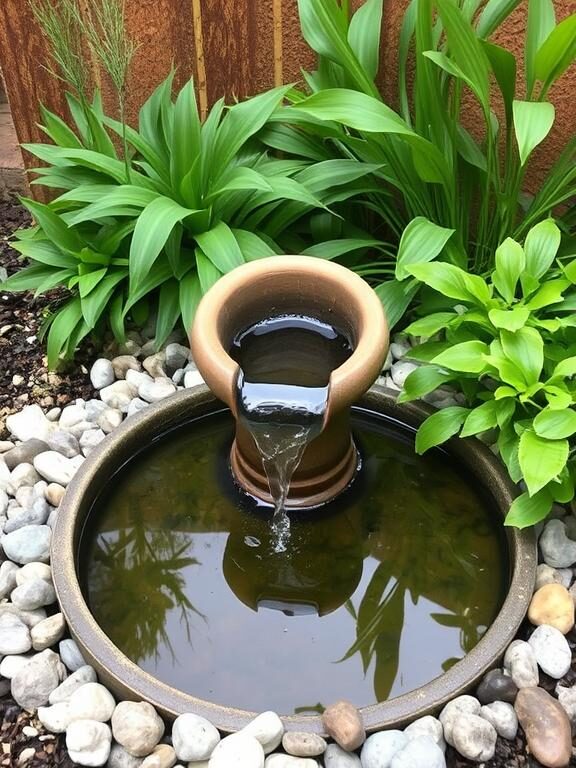 "A small backyard corner garden with a charming DIY water feature made from an old ceramic pot, bubbling gently into a shallow pebble-lined basin. The surrounding plants reflect in the water, creating a tranquil and soothing atmosphere."