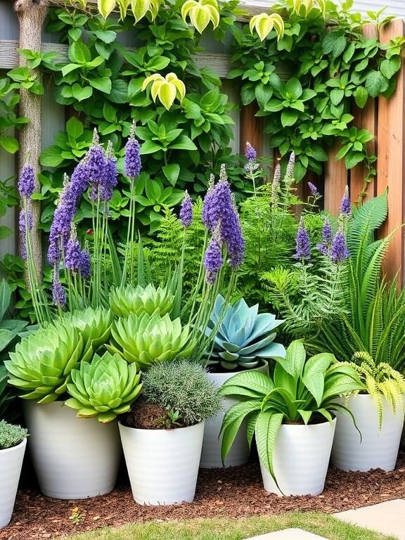 "A lush backyard corner featuring a variety of drought-resistant and low-maintenance plants like succulents, lavender, and ferns. The plants are arranged in minimalist pots, blending seamlessly with the natural outdoor setting."