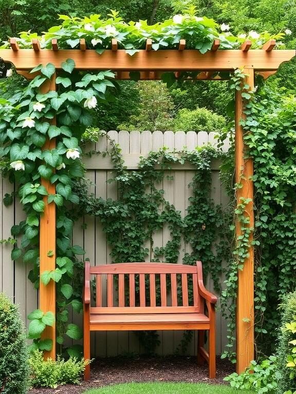 "A stylish DIY wooden trellis in a backyard corner, supporting lush climbing jasmine and ivy. A small wooden bench sits below, offering a shaded, private nook surrounded by greenery, perfect for relaxation and quiet moments."