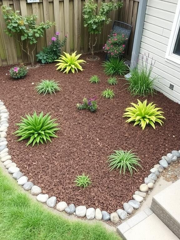 "A well-designed backyard corner garden with a neat layer of mulch and decorative pebbles outlining flower beds. The combination of textures and colors adds a polished, professional look, enhancing the plants and outdoor decor."