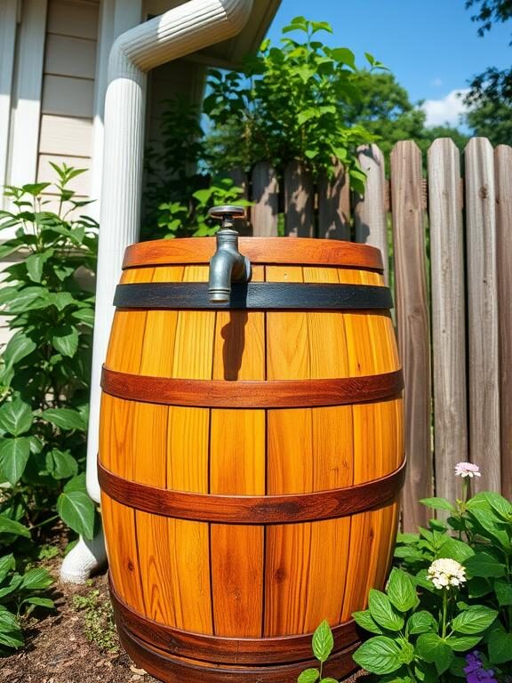 "A close-up of a beautifully designed wooden rain barrel with a metal spigot, placed under a house gutter, surrounded by lush green plants and flowers. The barrel is slightly wet, indicating recent rain, and a clear blue sky is visible in the background. The setting is a charming backyard with a rustic wooden fence."