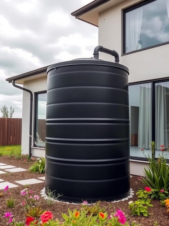 "A modern home with a large, sleek rainwater harvesting tank connected to a gutter system. The tank is a matte black cylindrical design, blending with the landscape. The garden around it is well-maintained with vibrant flowers and a small vegetable patch. The house exterior is minimalist, with large glass windows reflecting the cloudy sky."