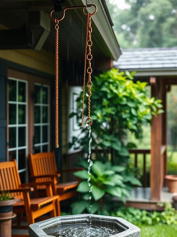 "Aesthetic copper rain chains hanging from the edge of a roof, guiding rainwater into a decorative stone basin below. The rain is gently trickling down the chains, creating a peaceful, zen-like ambiance. Lush greenery and a cozy porch with wooden furniture are visible in the background, enhancing the serene atmosphere."