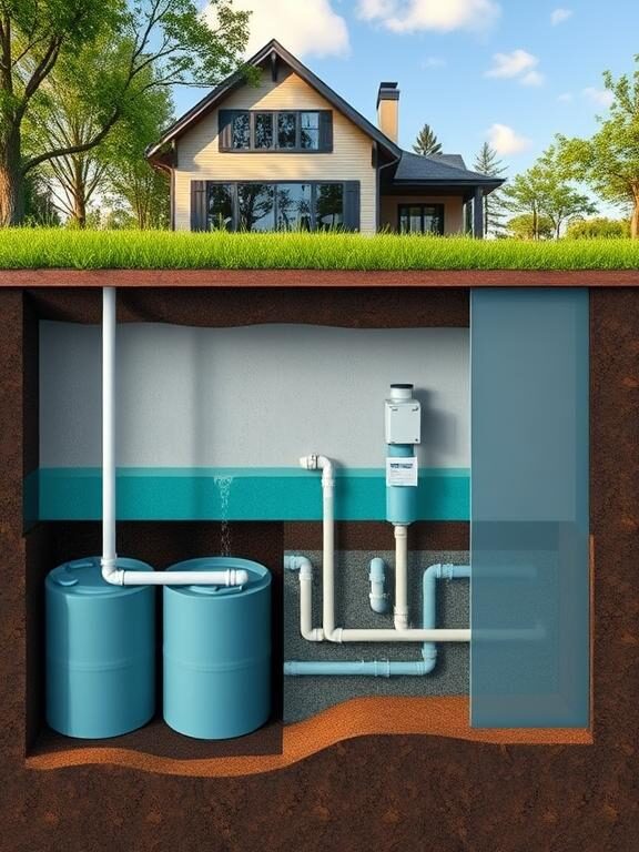 "A modern eco-friendly home with an underground rainwater collection system. The image shows a cutaway view revealing large underground water tanks, pipes directing rainwater from gutters, and a filtration unit. Above ground, the landscape is covered with green grass, trees, and a neatly paved pathway leading to the house."