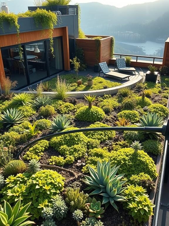 "A beautifully designed green roof covered in a variety of lush plants and succulents. The roof is part of a modern sustainable home with large windows, wooden accents, and a rooftop garden space with seating. Sunlight is hitting the plants, creating a warm and inviting atmosphere, while rainwater is visibly being absorbed into the vegetation."
