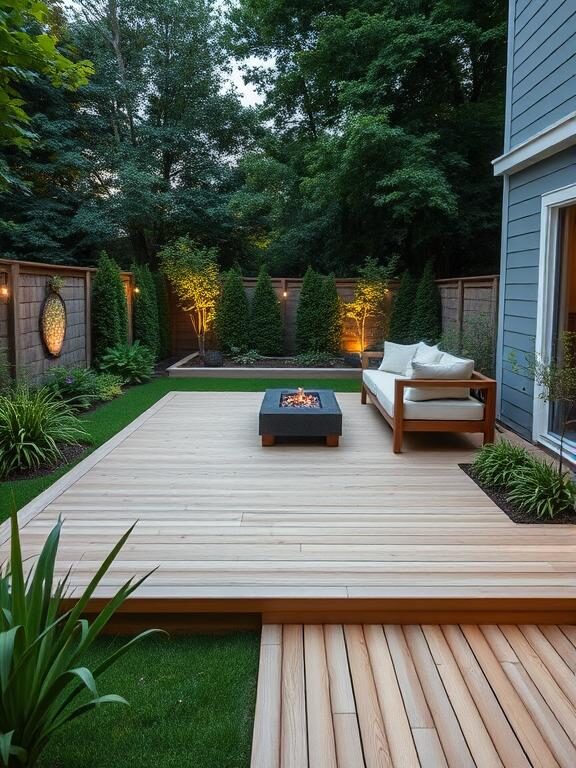 A serene backyard with a sleek, minimalist wooden low deck surrounded by lush greenery. The deck is made of smooth, light-stained wood with a simple outdoor seating arrangement, including a neutral-toned sofa and a fire pit. The setting is illuminated with soft ambient lighting, creating a warm and inviting atmosphere.