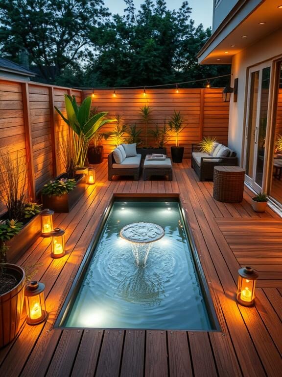 A contemporary low deck with a built-in water feature, such as a small fountain or a koi pond, surrounded by soft ambient lighting. The deck is lined with wooden planks and features modern seating, potted plants, and lanterns, making it a dreamy, tranquil retreat.