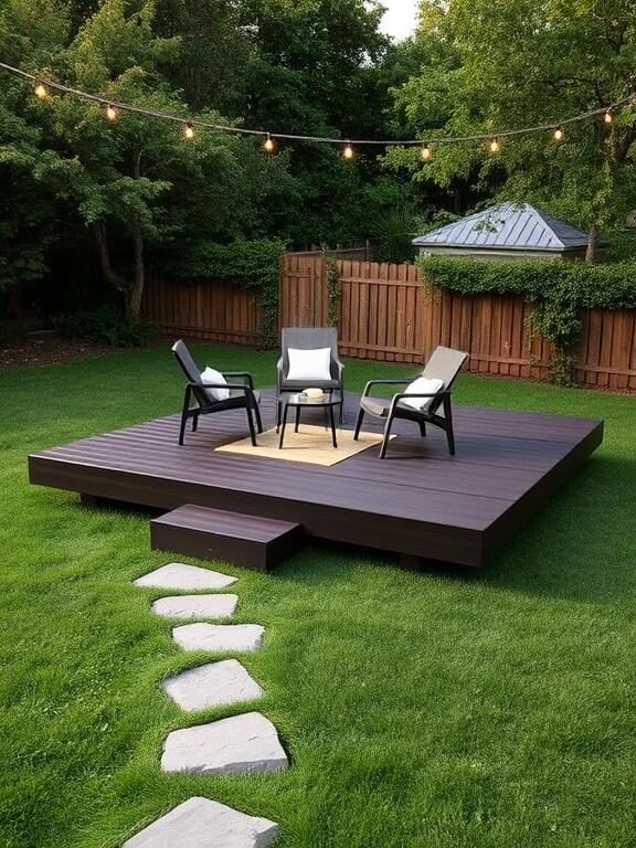 A stylish floating low deck built just inches above a green lawn. The deck is made of dark-stained wood with a set of modern lounge chairs and a small coffee table. String lights hang overhead, and a pathway of stepping stones leads to the deck, enhancing the cozy and natural aesthetic.