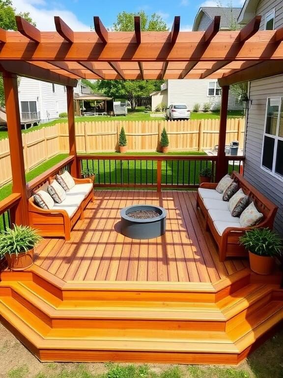 A beautifully designed multi-level low deck in a spacious backyard. The deck features built-in wooden benches with comfortable cushions, potted plants for a touch of greenery, and a pergola overhead for shade. The setting is perfect for relaxation, with a small fire pit in the center.
