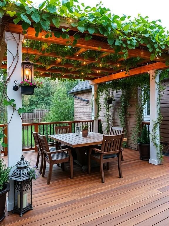 An elegant low deck with a modern pergola covered in climbing ivy and string lights. The deck is made of rich, warm-toned wood and features a cozy outdoor dining setup with a rustic wooden table and chairs. A few lanterns and hanging planters complete the inviting look.