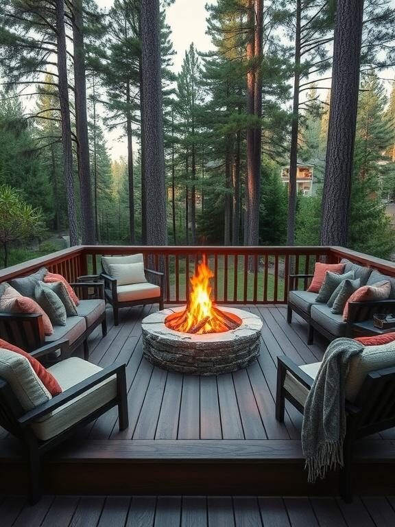 A charming low deck with a built-in fire pit at the center, surrounded by cozy outdoor seating with plush cushions and blankets. The warm glow of the fire illuminates the space, and tall trees in the background create a peaceful, secluded retreat.