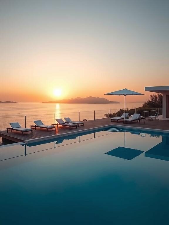 A luxurious low deck extending alongside a modern swimming pool. The deck features sleek sun loungers, white parasols for shade, and a small side table for drinks. The water reflects the golden hues of the sunset, enhancing the relaxing vibe.
