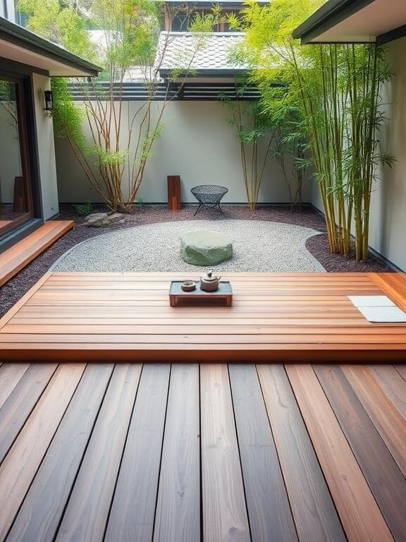 A tranquil backyard featuring a Japanese-inspired low deck with smooth wooden planks and a zen garden surrounding it. The space includes a small rock garden, bamboo plants, and a minimalistic seating area with floor cushions and a low table for tea ceremonies.