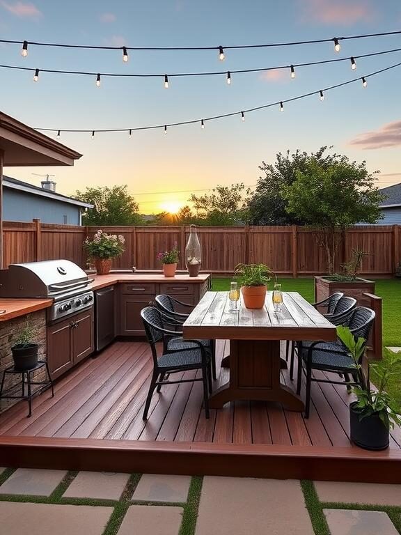 A stylish low deck designed as an outdoor kitchen and dining area. The space features a built-in grill, a rustic wooden dining table with modern chairs, string lights above, and lush potted plants adding a fresh, lively touch. The background showcases a beautiful sunset over the backyard.