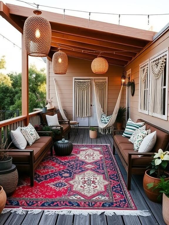 A bohemian-inspired low deck with cozy seating, vibrant outdoor rugs, hanging hammocks, and woven lanterns. The deck is adorned with throw pillows, potted succulents, and macrame wall hangings, creating a relaxed, free-spirited atmosphere.