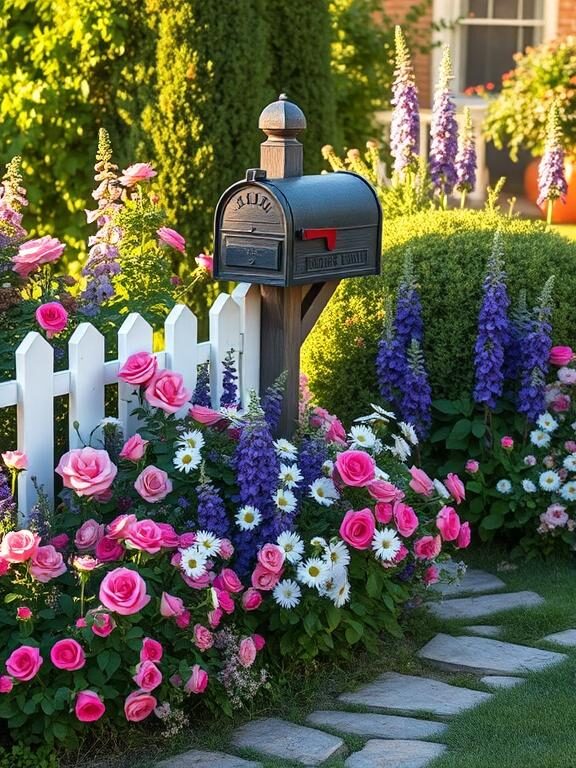 "A charming, rustic mailbox surrounded by an overflowing cottage garden with blooming roses, lavender, daisies, and foxgloves. A white picket fence frames the flower bed, and a winding stone pathway leads up to the mailbox. Soft morning sunlight casts a warm glow over the lush greenery and colorful flowers."