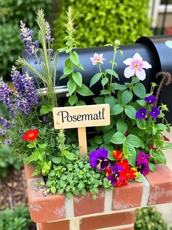 "A cozy and functional mailbox garden featuring fragrant herbs like rosemary, thyme, basil, and lavender, along with edible flowers such as nasturtiums and violets. A small wooden sign labeling the herbs adds a charming, homegrown touch. The rustic aesthetic is completed with a classic brick mailbox post."