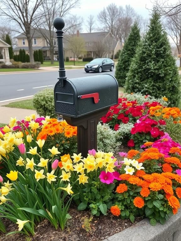 "A decorative mailbox surrounded by a vibrant flower bed changing with the seasons. In the foreground, tulips and daffodils bloom in spring, transitioning to bright petunias and marigolds for summer, followed by orange chrysanthemums in fall, and evergreen shrubs dusted with frost in winter. A picturesque suburban street in the background."