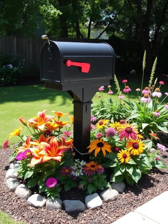 "A sturdy black mailbox set in a beautifully arranged perennial flower bed featuring daylilies, black-eyed Susans, echinacea, and hostas. The garden is neatly edged with mulch to retain moisture, and a small decorative stone border adds a touch of elegance. Sunlight filters through the leaves, creating a serene backyard feel."