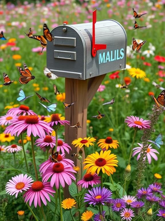 "A lively mailbox flower bed buzzing with activity as butterflies and bees hover over colorful flowers. The garden features coneflowers, bee balm, milkweed, and verbena, designed to attract pollinators. A rustic wooden mailbox post blends naturally with the wildflower-filled background."