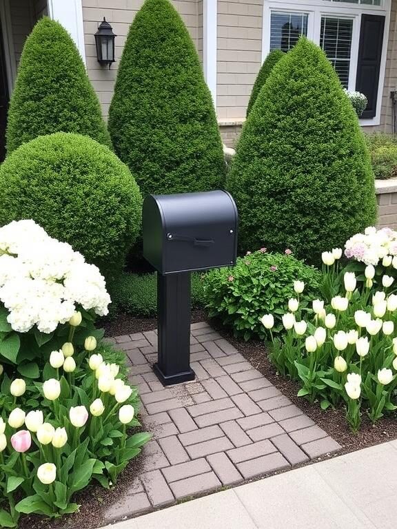"A neatly landscaped mailbox area with symmetrical flower beds featuring perfectly trimmed boxwoods, lush white hydrangeas, and uniform tulips. A cobblestone pathway leads up to the sophisticated, dark metal mailbox, adding a luxurious curb appeal."