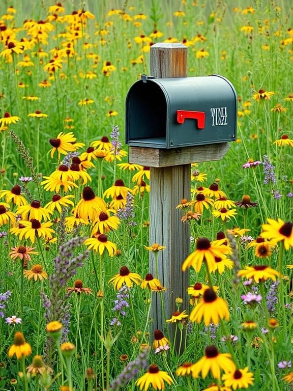 "A mailbox emerging from a meadow-like setting filled with native wildflowers in shades of yellow, purple, and pink. Tall coneflowers, coreopsis, and black-eyed Susans sway in the breeze, creating a relaxed, countryside feel. A weathered wooden mailbox post adds to the rustic charm."