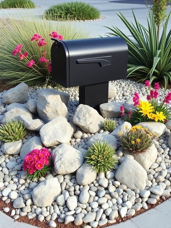 "A stylish rock garden surrounding a modern black mailbox, featuring small boulders, pebbles, and an assortment of drought-resistant flowers like yarrow, sedum, and sage. The contrast of smooth stones with bright floral accents creates a contemporary curb appeal."