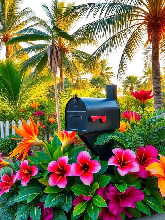 "A mailbox surrounded by an exotic tropical flower bed with vibrant hibiscus, bird of paradise, lush green ferns, and colorful crotons. The backdrop includes tall palm trees swaying gently under the golden sunlight, evoking a warm, vacation-like feel."