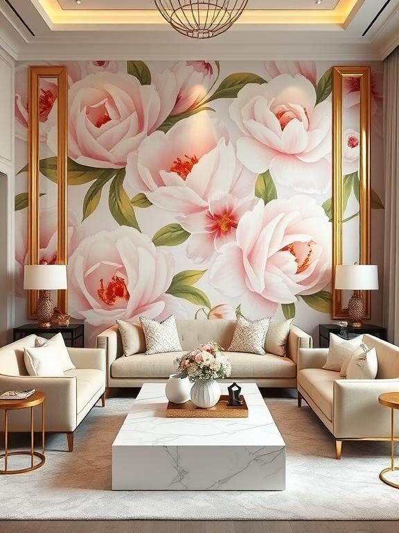 A luxurious living room with a feature wall covered in bold, oversized peony floral wallpaper in soft pastel and gold tones. The room has modern neutral-colored furniture, a white marble coffee table, and gold-accented decor. Soft lighting casts a warm, inviting glow."