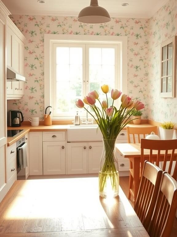 "A bright and airy kitchen with soft, vintage floral wallpaper featuring tiny daisies and pastel tulips. White cabinets, a wooden dining table, and fresh-cut flowers in a glass vase add a fresh spring touch. Sunlight streams through a large window, illuminating the cheerful space."