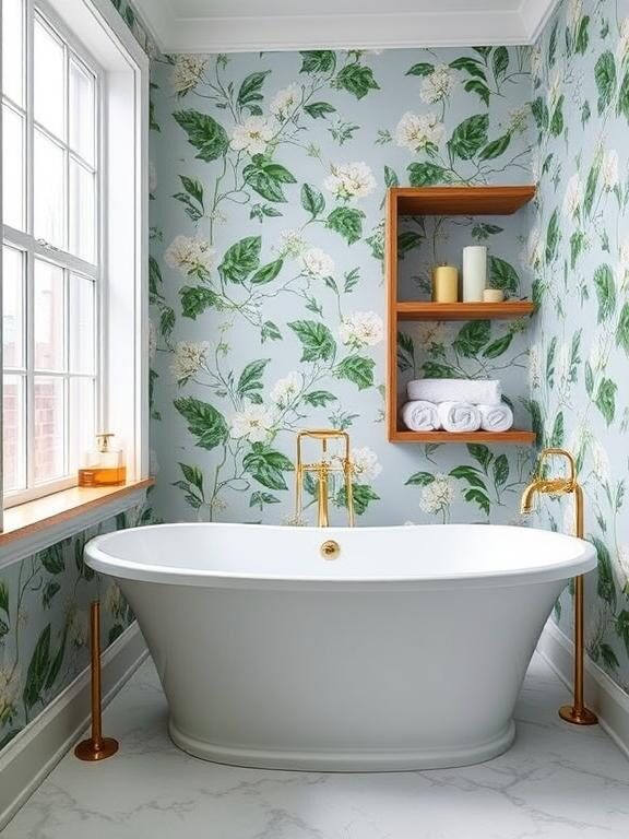 "A luxurious bathroom with botanical floral wallpaper featuring green leaves and white blossoms on a misty blue background. A freestanding white bathtub sits next to a large window, with gold fixtures and elegant wooden shelving holding rolled white towels and candles."