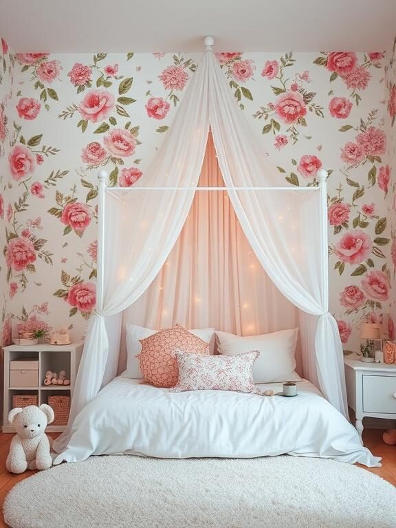 "A dreamy children’s bedroom with soft watercolor floral wallpaper in shades of pink, peach, and lavender. A white canopy bed with plush pillows, fairy lights, and pastel-colored toys create a whimsical, playful atmosphere."