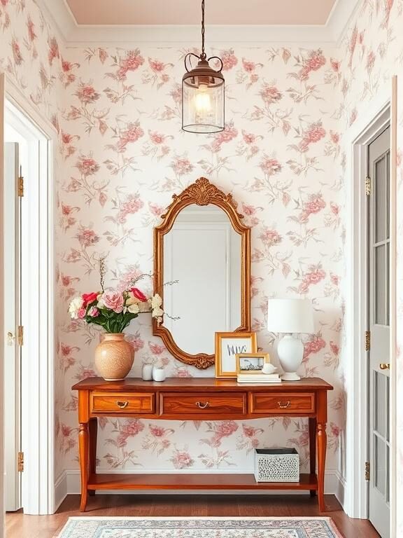 "A welcoming entryway with light and airy floral wallpaper in soft pink and white tones. A wooden console table holds a vintage gold-framed mirror, a vase with fresh flowers, and stylish decor pieces. A pendant light hangs from the ceiling, casting a cozy glow over the space."
