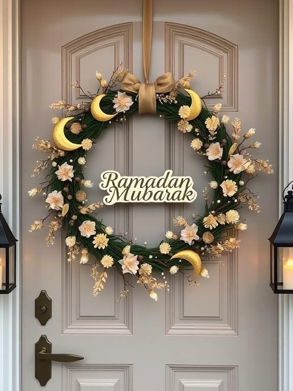 A beautifully crafted Ramadan wreath hanging on a stylish front door. The wreath features gold crescent moons, twinkling fairy lights, and delicate dried flowers in soft beige and gold tones. A 'Ramadan Mubarak' sign elegantly placed at the center adds a festive touch. The door is adorned with warm lanterns on either side, casting a soft glow.