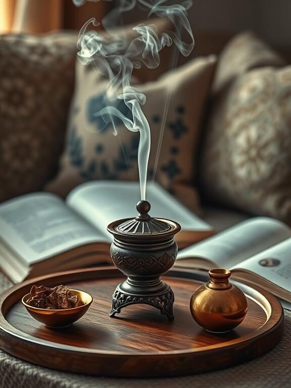 A beautifully arranged incense burner releasing delicate trails of oud smoke. The burner sits on an elegant wooden tray alongside a small bowl of bakhoor chips and a golden oil diffuser. A cozy, softly lit background with plush cushions and a reading book completes the tranquil scene. The ambiance exudes relaxation and warmth.