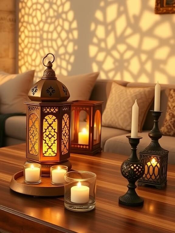 A cozy evening setting with Moroccan-style lanterns placed on a wooden coffee table. The lanterns emit a golden glow, creating intricate shadow patterns on the walls. Next to them, scented candles in ornate glass holders flicker gently. The background shows a soft, neutral-toned living room with plush pillows and a subtle touch of Ramadan decor.