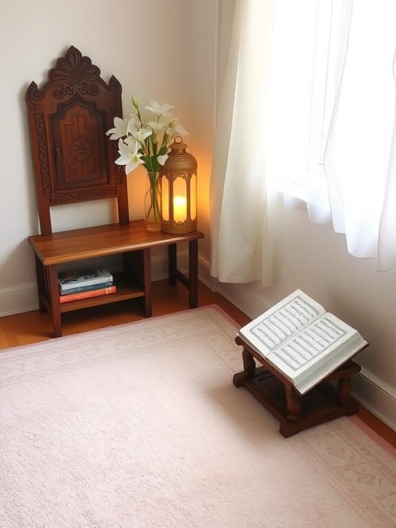 A serene prayer corner with a plush prayer rug in soft pastel shades, a beautifully carved Quran stand holding an open Quran, and a small wooden shelf with Islamic books. A vase with fresh white lilies sits beside a glowing lantern. The setting is peaceful with soft natural light filtering through a window, adding warmth to the space.