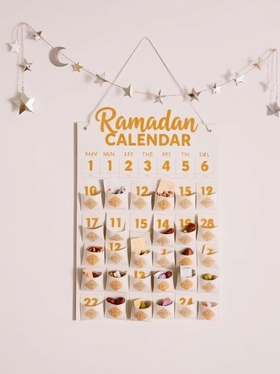A handcrafted Ramadan countdown calendar hanging on a minimalist wall. The calendar has 30 small pockets, each adorned with golden numerals and intricate Islamic geometric patterns. Some pockets contain tiny handwritten notes, while others hold dates and small treats. A festive garland with stars and crescent moons drapes above the calendar, adding charm to the setting.