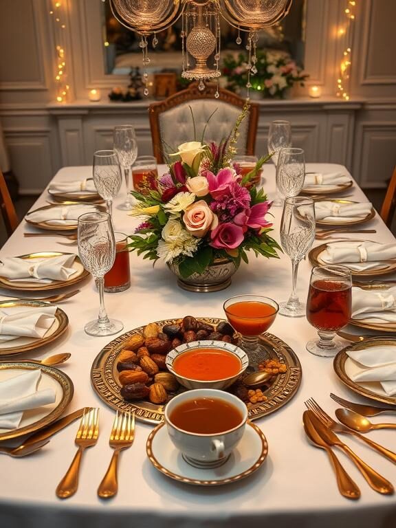 A beautifully arranged iftar table with elegant gold-rimmed dinnerware, crystal glasses, and a floral centerpiece. A decorative platter of dates and nuts sits at the center, alongside a warm bowl of soup and fresh juice. Candles and fairy lights create a soft ambiance, while golden utensils and linen napkins add a refined touch.