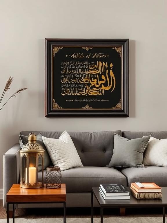 A sophisticated living room with framed Islamic calligraphy art in gold and black, featuring verses from the Quran. The artwork is displayed on a muted-toned wall above a modern, cozy sofa. Nearby, a wooden side table holds a decorative lantern and a stack of Islamic books. The atmosphere is warm and inviting, with a balance of tradition and contemporary design.