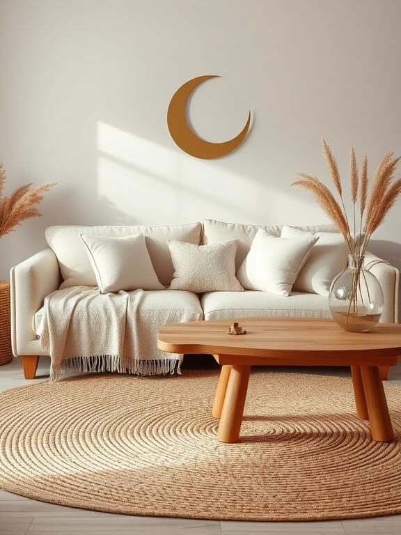 A living room bathed in soft, earthy tones with beige and white cushions, a woven jute rug, and a rustic wooden coffee table. The sofa is adorned with textured throws in soft pastel hues. A golden crescent moon wall decoration adds a subtle Ramadan touch, and a delicate vase with dried pampas grass enhances the natural aesthetic.