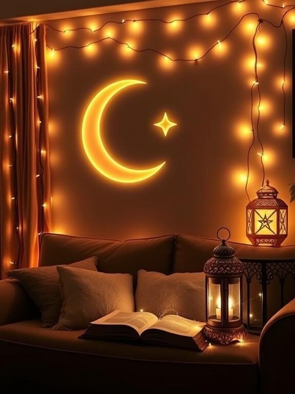 A magical Ramadan evening setting with warm fairy lights draped across a cozy living room. The lights form a subtle crescent and star pattern on the wall. A reading nook with plush cushions and a lantern sits nearby, creating a peaceful, relaxing space. The soft glow of the lights adds a dreamy ambiance to the decor.
