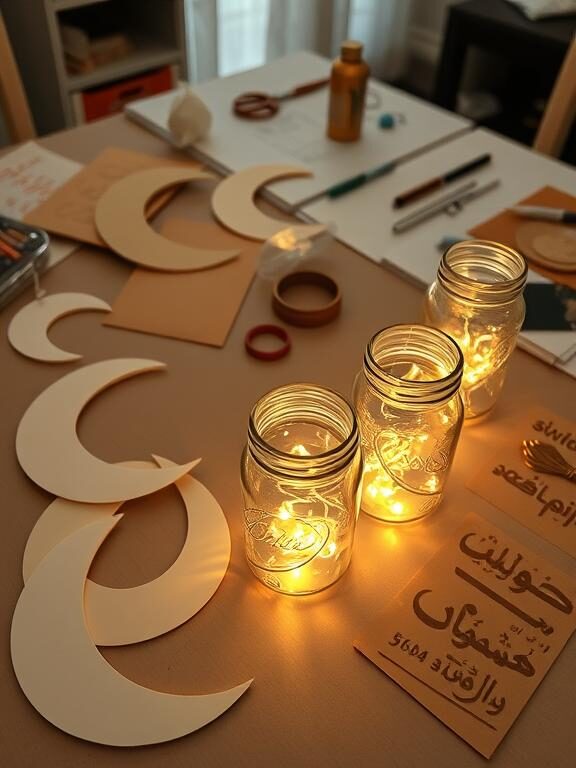 A creative crafting table with Ramadan-themed DIY decorations. Handmade crescent moon cutouts, gold-painted mason jars with twinkling fairy lights inside, and small calligraphy pieces are laid out neatly. A family is seen decorating, adding personal touches to their Ramadan decor. The scene is warm, inviting, and full of creativity.